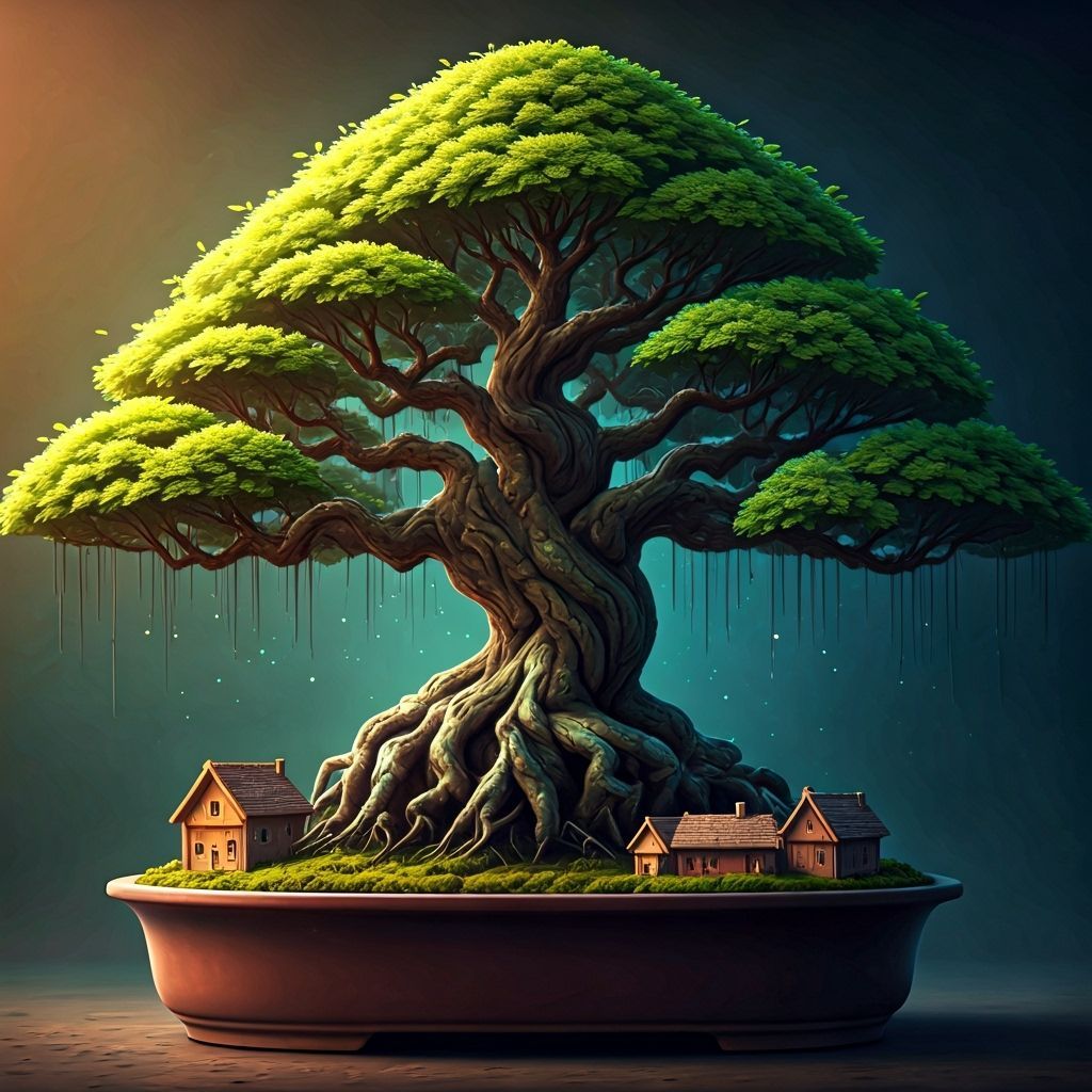 Majestic Bonsai Tree with Glowing Leaves and Wooden Houses