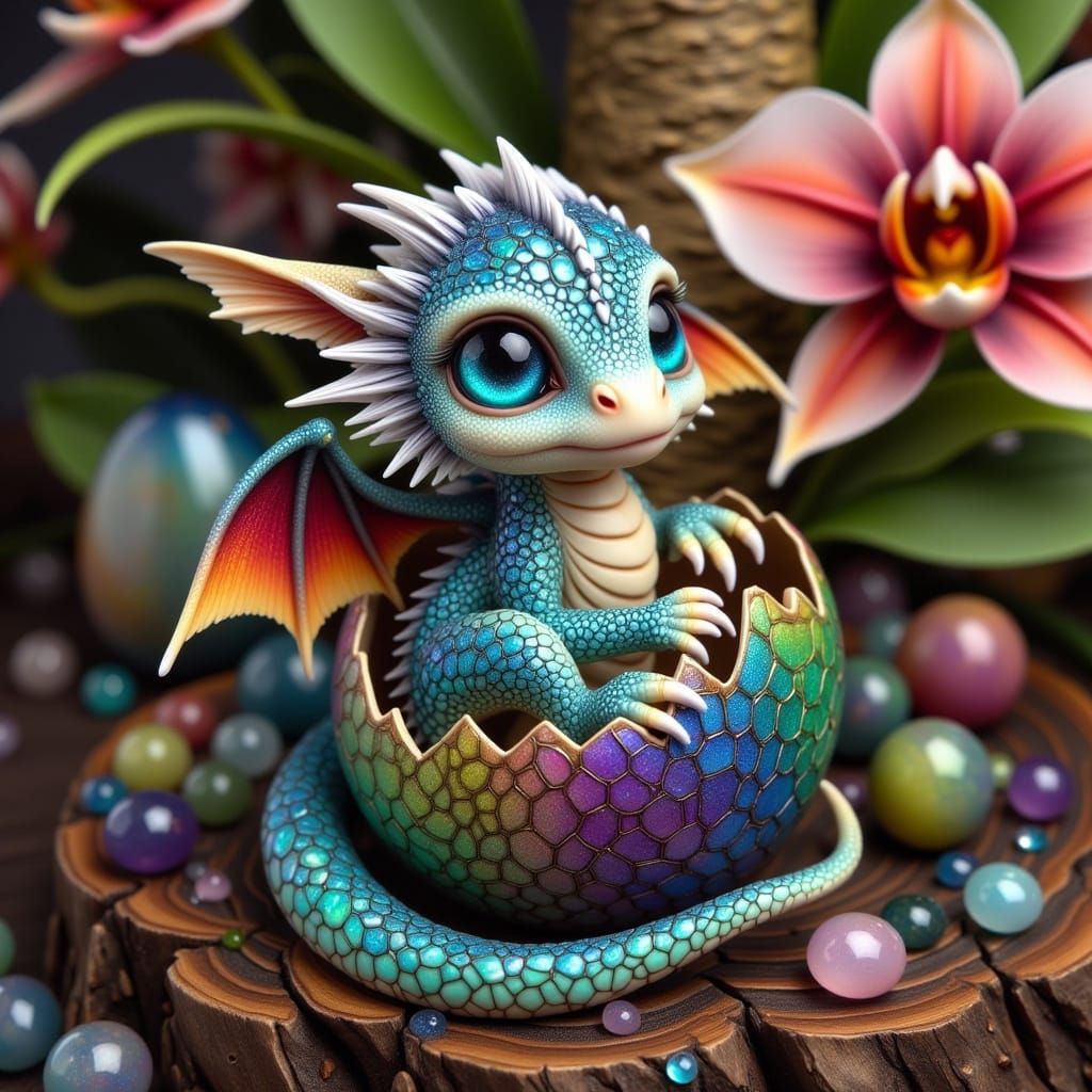 Surreal Baby Dragon Coils Around Ancient Tree in Vibrant Whi...