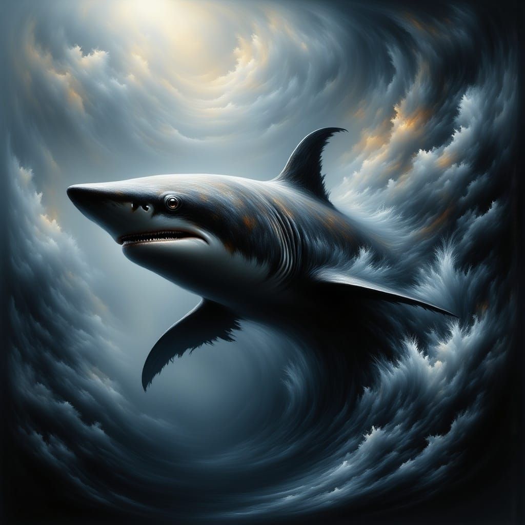 Ethereal Hammerhead Shark Emerging from the Ocean Depths in...