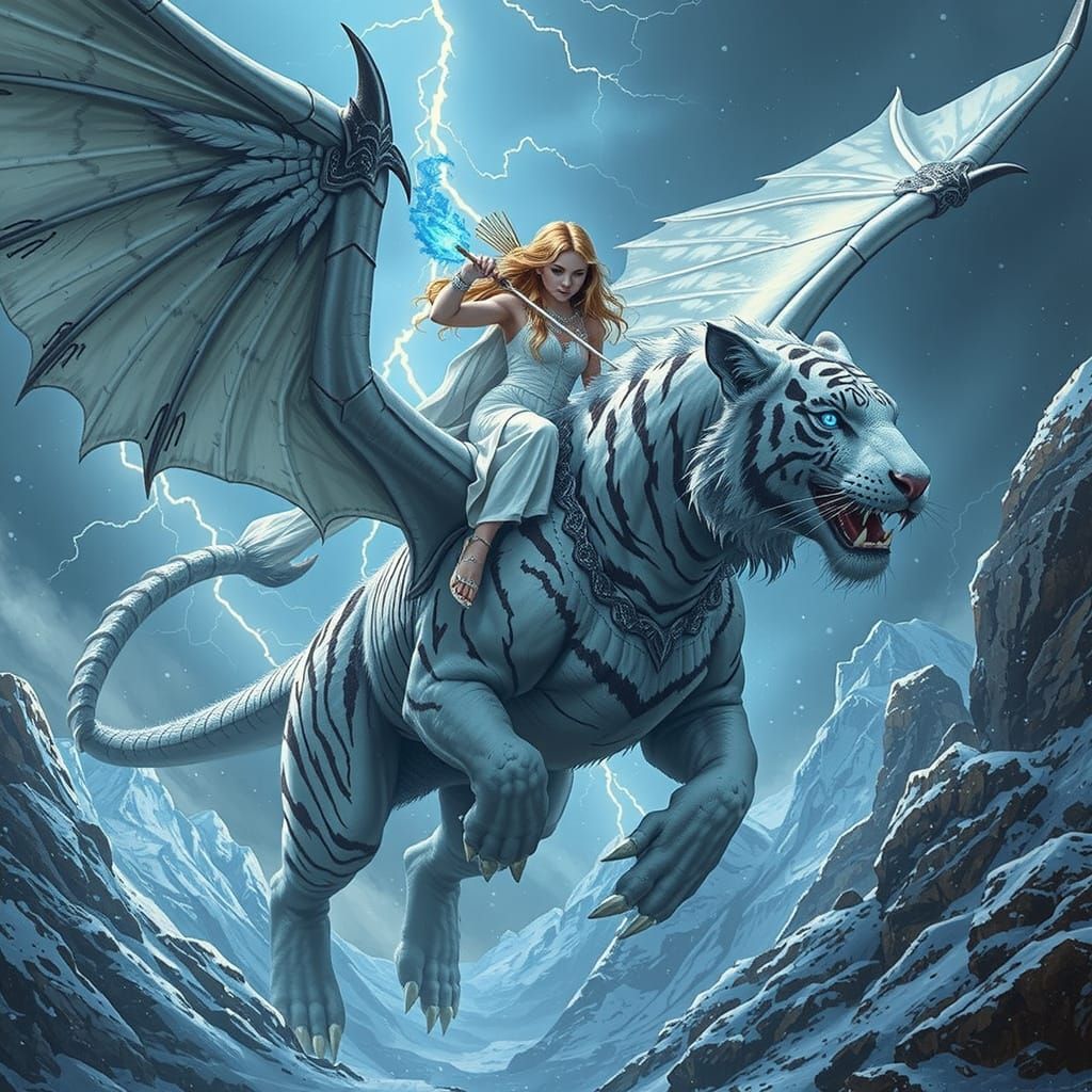Majestic White Tiger Dragon Soaring Above Icy Mountains