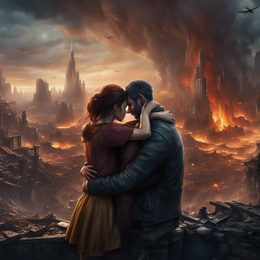 Tender Moment Amidst Apocalyptic Ruins in Deep Fantasy Conce...