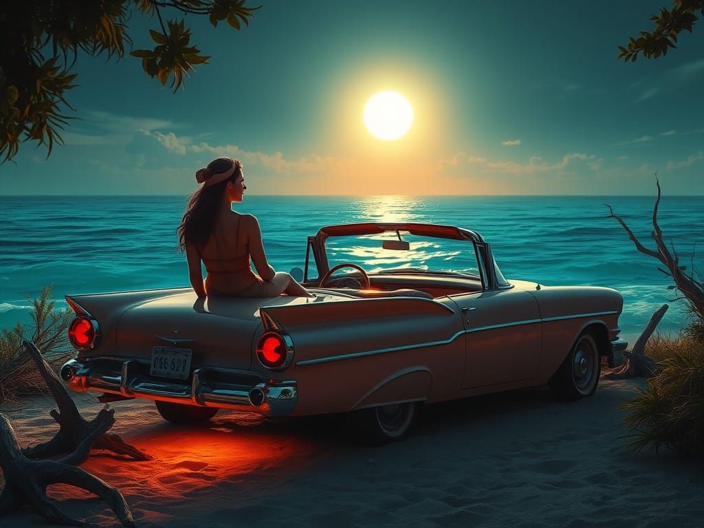 Serene Woman by Turquoise Ocean in Moonlight