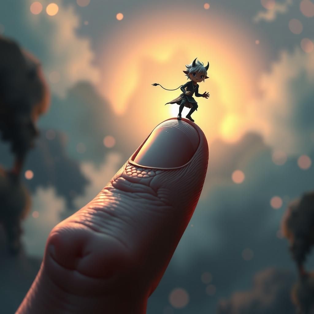 a tiny demon perched on top of a human finger