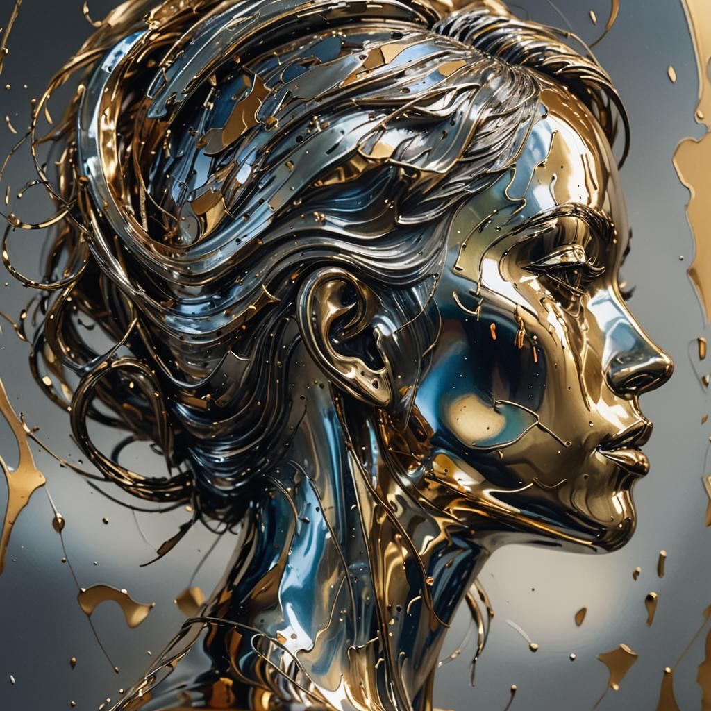 Cute Girl's Face on a Polished Metal Sculpture in Oil Painti...