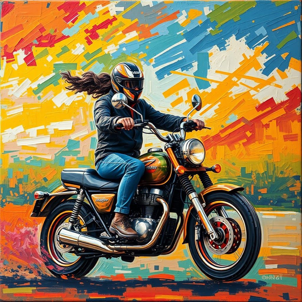 Vibrant Motorcycle Ride in Abstract Impasto Style