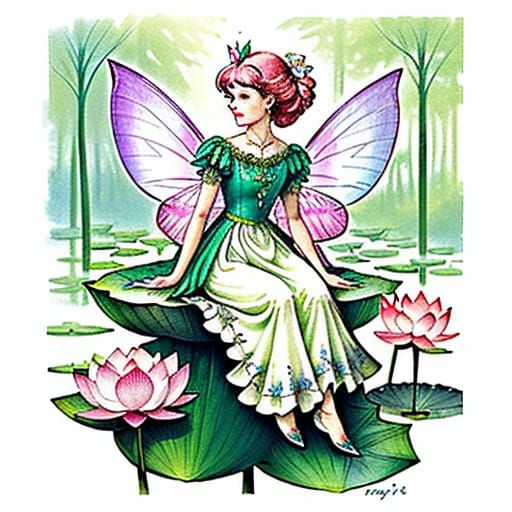 Colorful Fairy on Lotus in Summer Garden