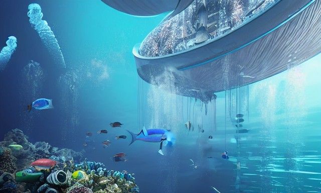 Surreal Futuristic Metropolis Below Ocean Surface