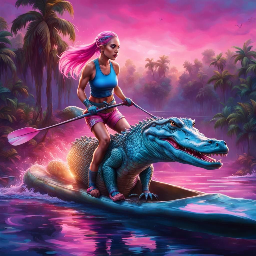 Vibrant Bayou Scene with a Daring Skier and Alligators