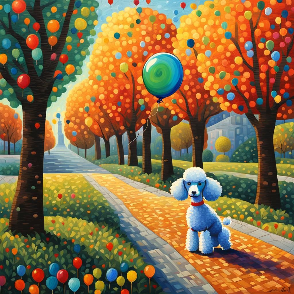 Whimsical Stick Figure Poodle Strolls in Vibrant Splendor