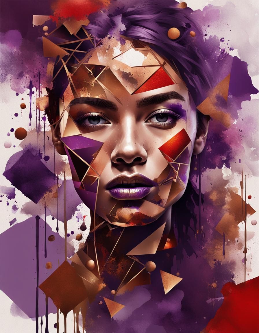 Geometric Portrait of Elegant Woman in Metallic Red and Purp...