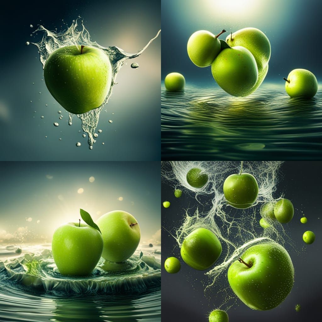 Surrealistic Digital Painting of Green Apples Plunging into...