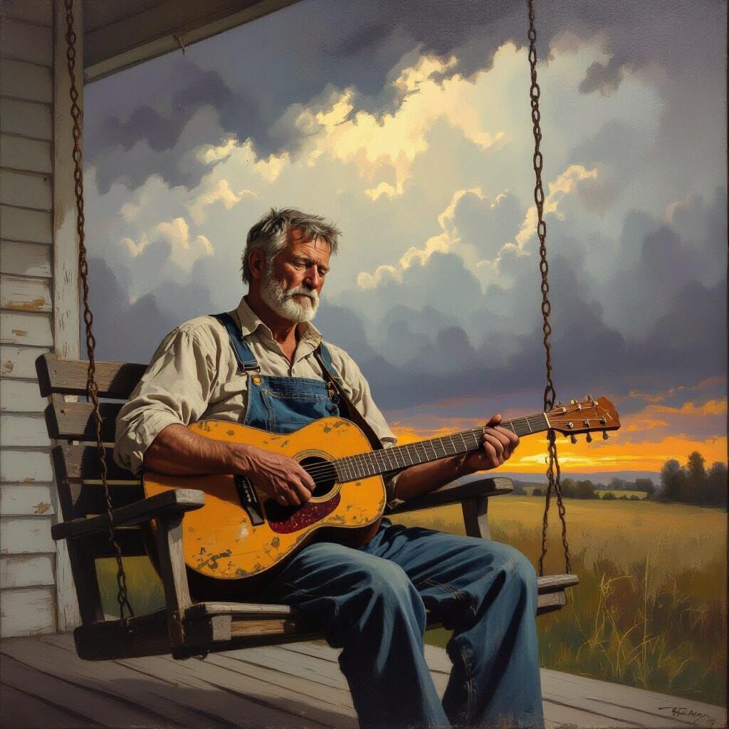 Weathered Man with Guitar on Porch, Stormy Sky