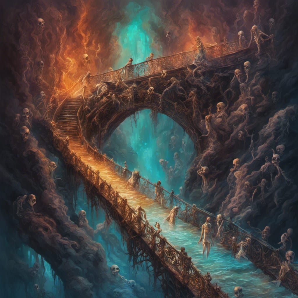 Bones and Skulls Bridge Illuminated by Ghostly Figures in Hy...