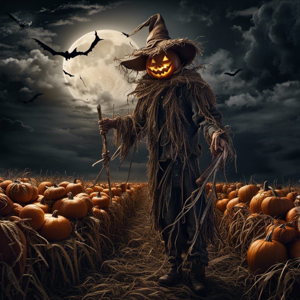 Spooky Halloween Pumpkin Scarecrow in Cornfield