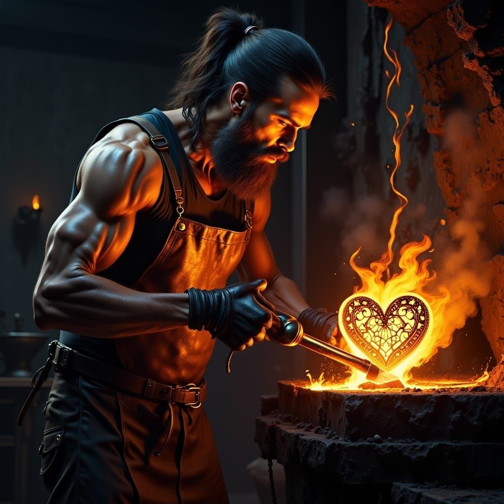 Blacksmith Crafts Intricate Love Heart in Dark, Atmospheric....