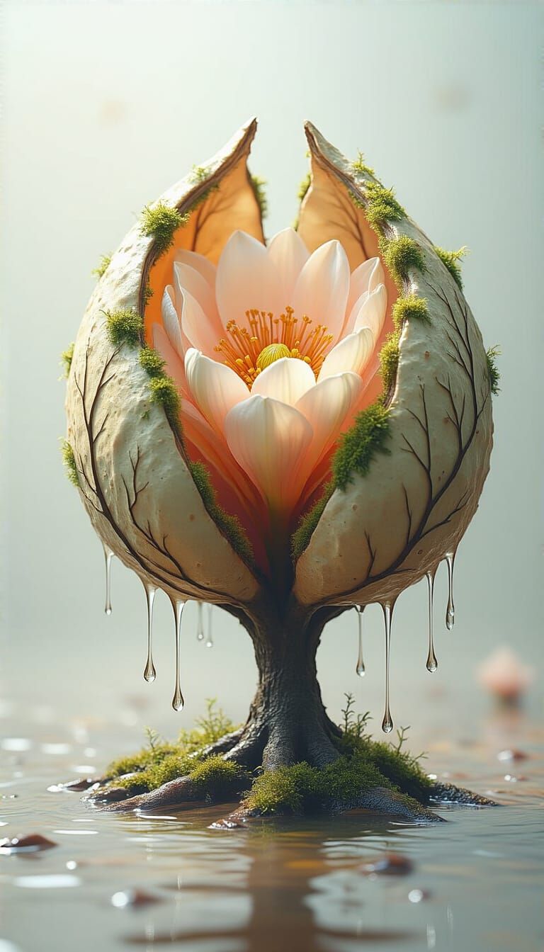 Radiant Bloom Inside Calcified Tree Pod: Surreal CGI Art