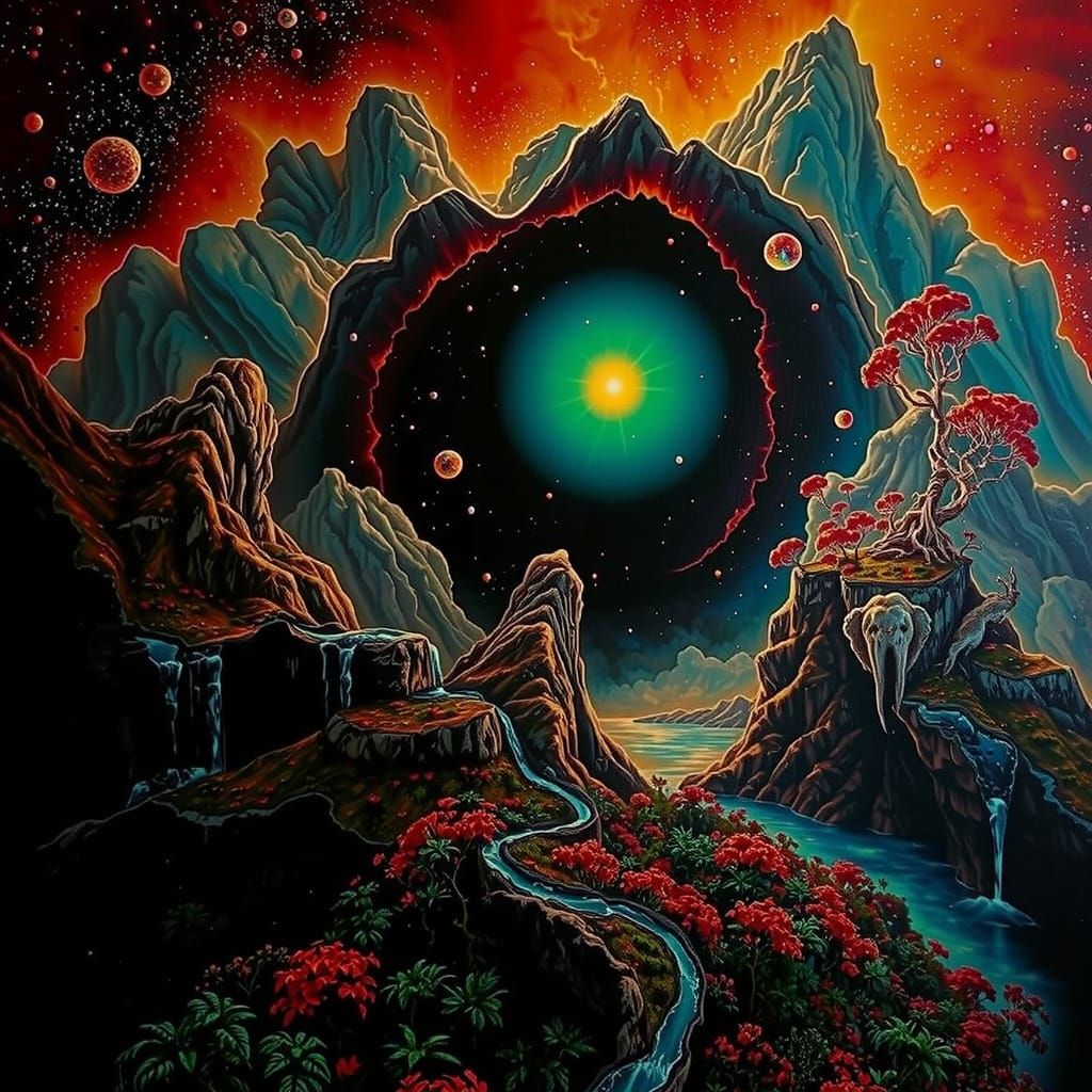 Fertile Landscapes Merge with Iridescent Mountains