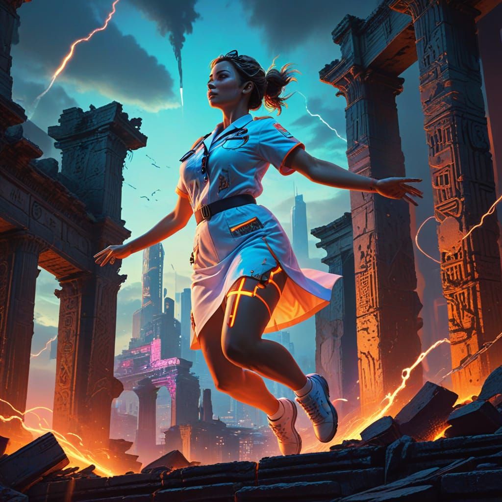 Dynamic Nurse Jumps Between Ruins and Neon Skyline