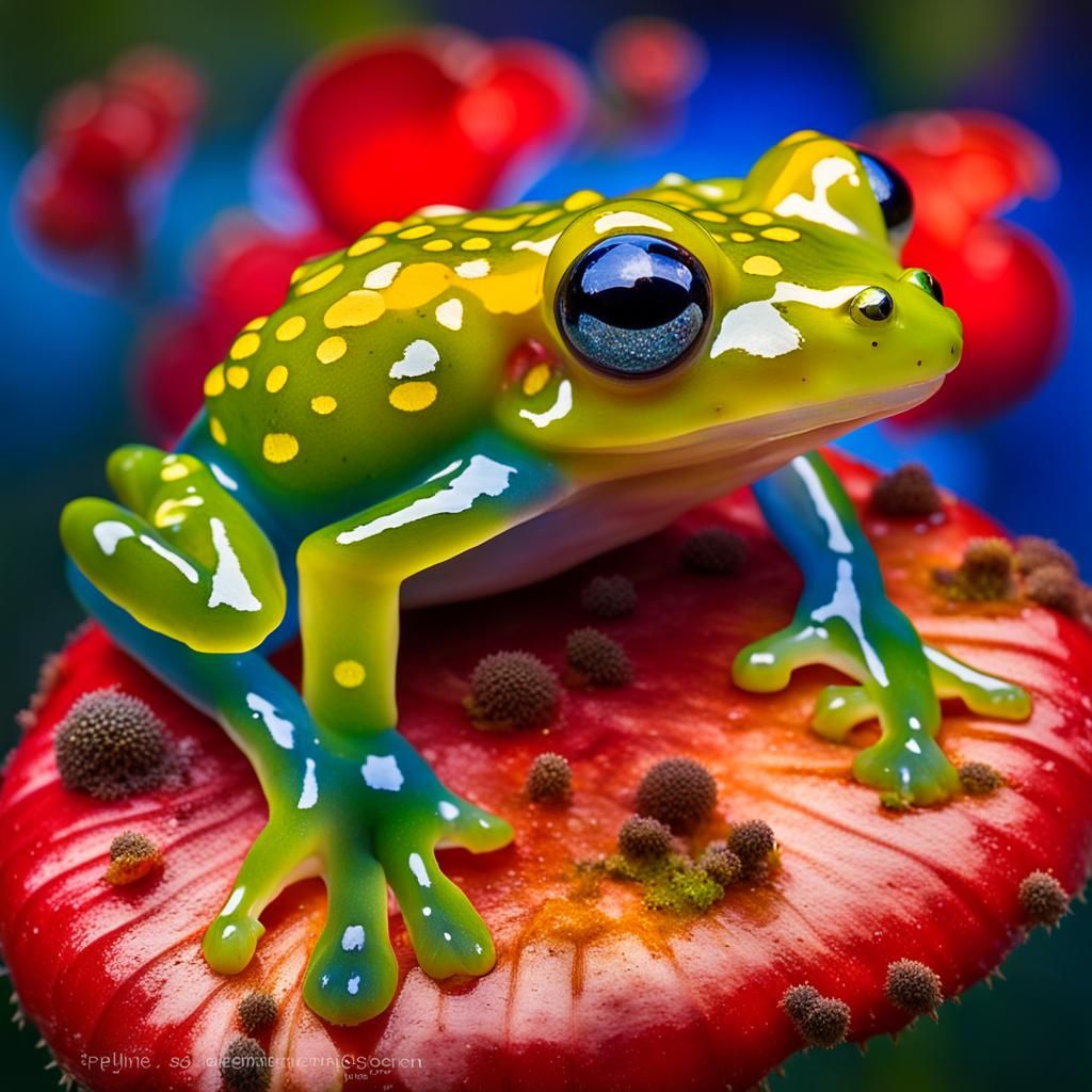 “A glass frog on a fly agaric.” Reflections of vibrant and v...