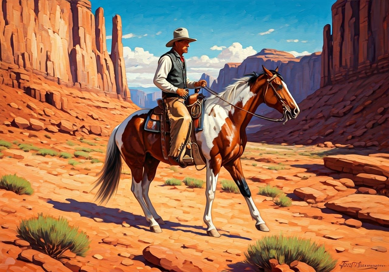 Cowboy Rides Pinto Horse: Impressionistic Oil Painting