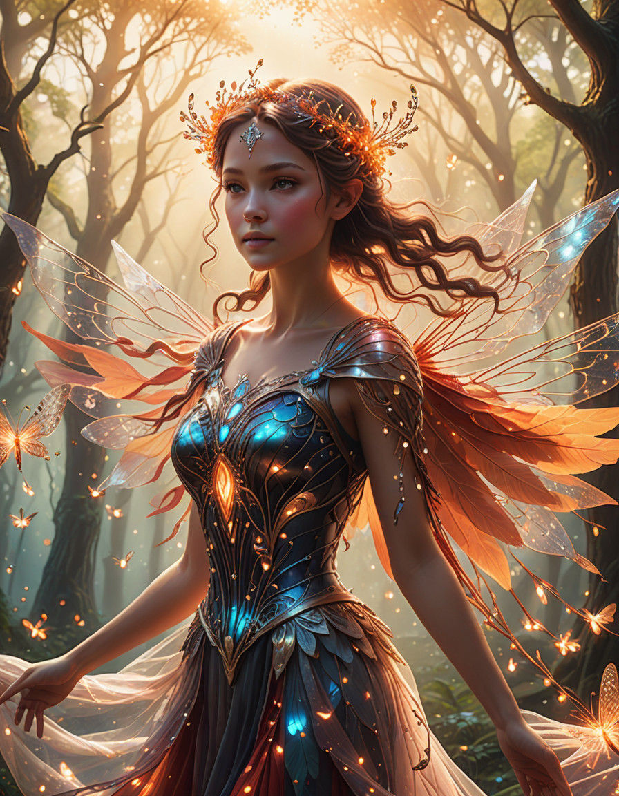 Mystical Fairy in Moonlit Forest, Iridescent Wings and Triad...