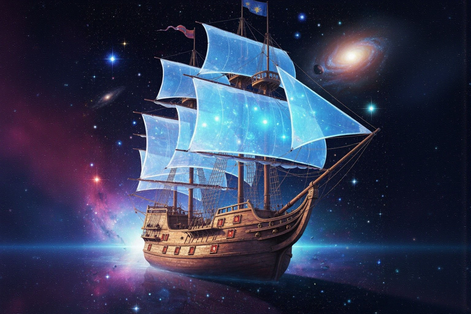 Spanish Galleon with Blue Sails Sailing in Space