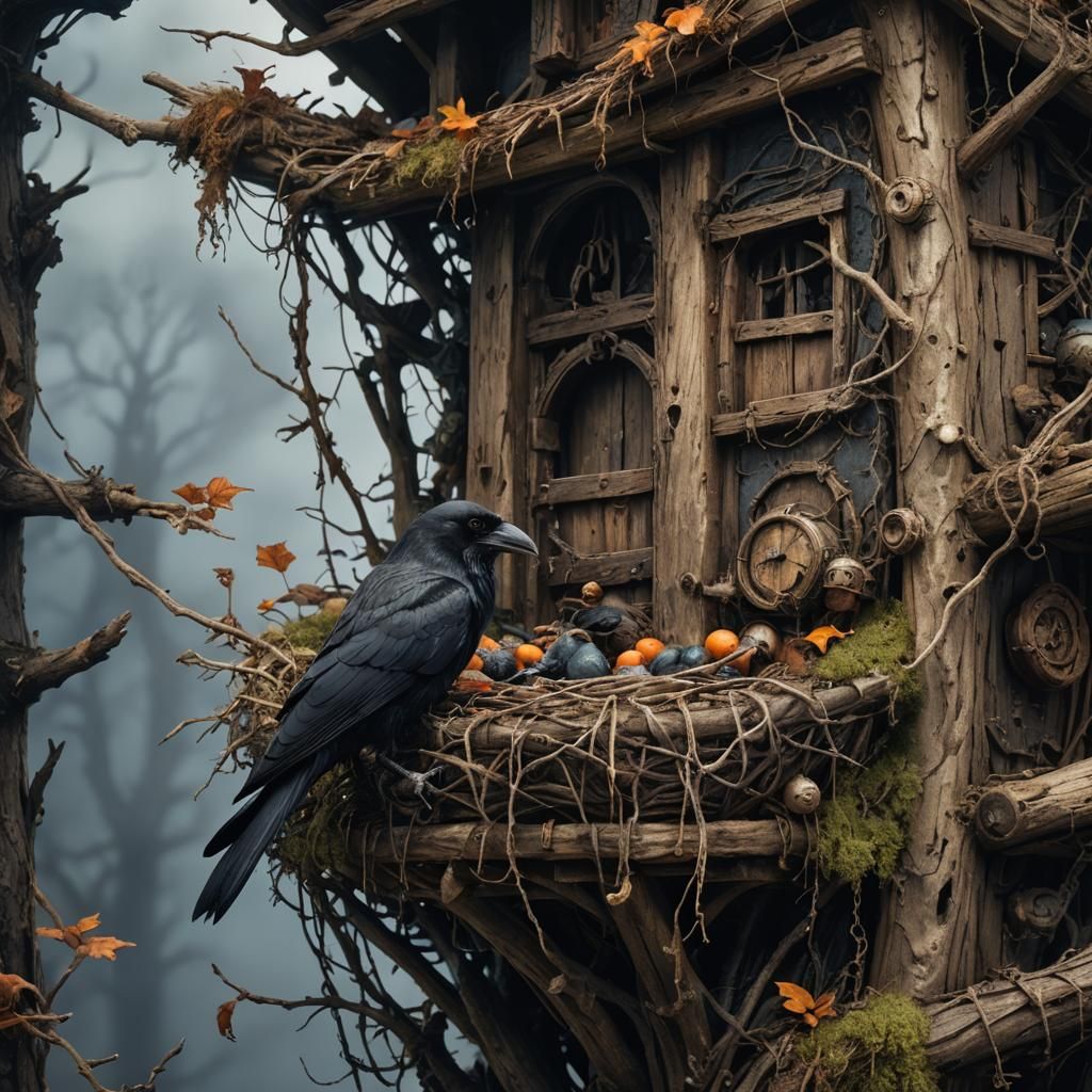Hyperrealistic Crow's Nest Scene in Vivid Colors