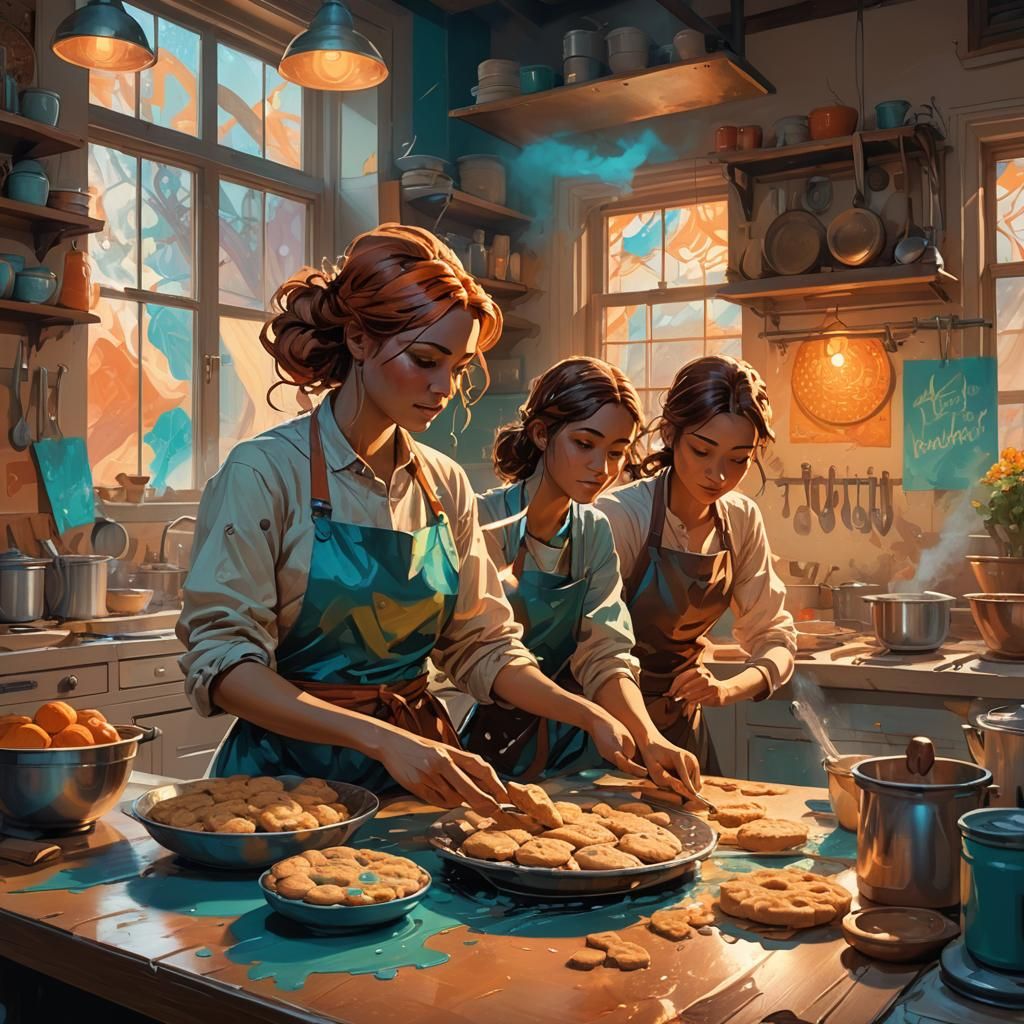 Warm Kitchen Scene with Vibrant Colors and Intricate Details