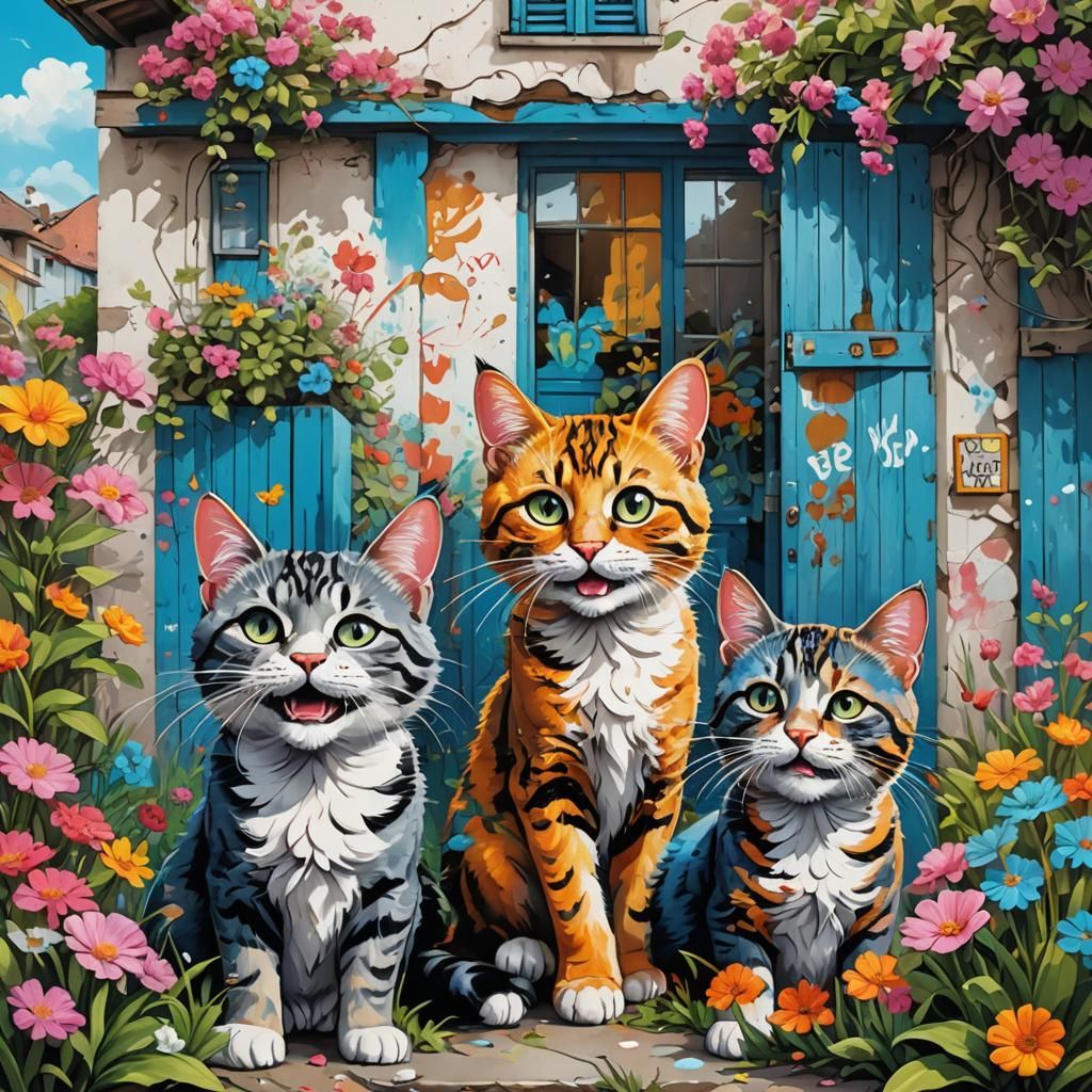 Three Happy Cats Welcome You to a Colorful Street Art Scene