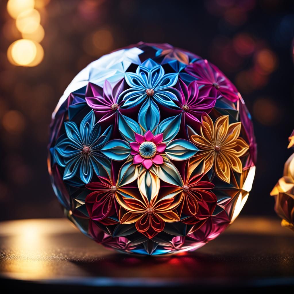 Vibrant Origami Mandala Glass Ball in Dark Fantasy