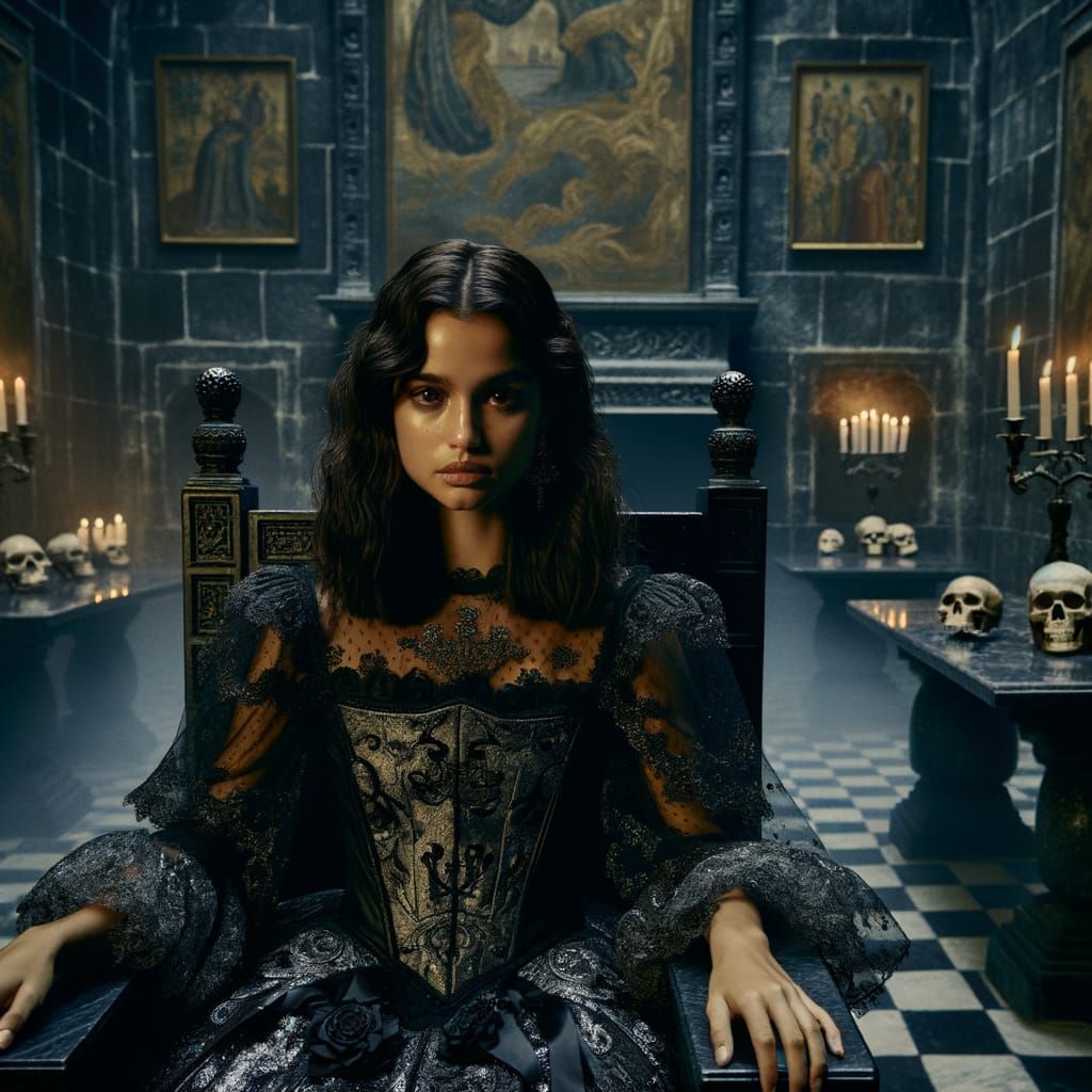 Young Hispanic Woman in Opulent Castle Dungeon