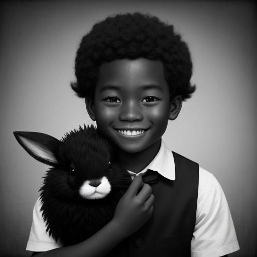 Vintage Island Boy Eats Fluffy Rabbit in Black and White