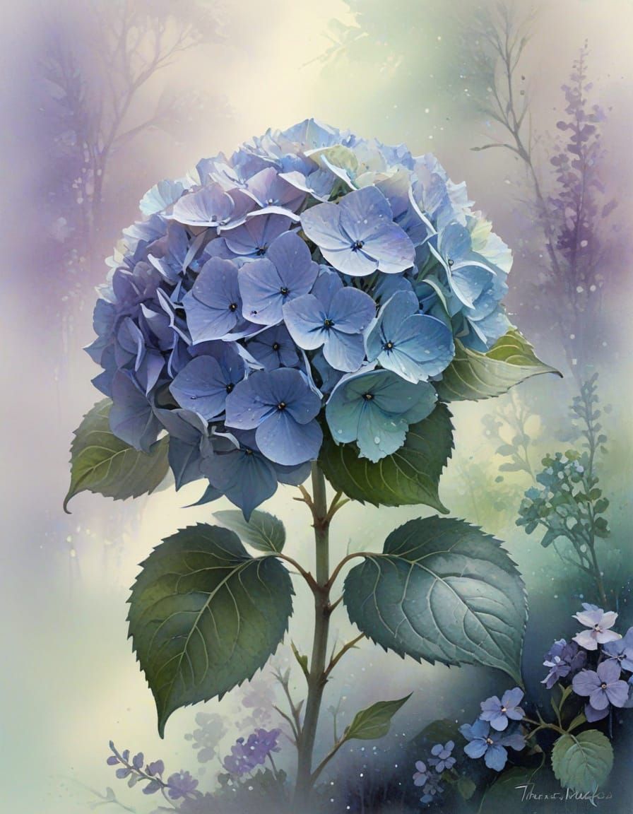 Ethereal Hydrangea Blossom in Watercolour and Ink