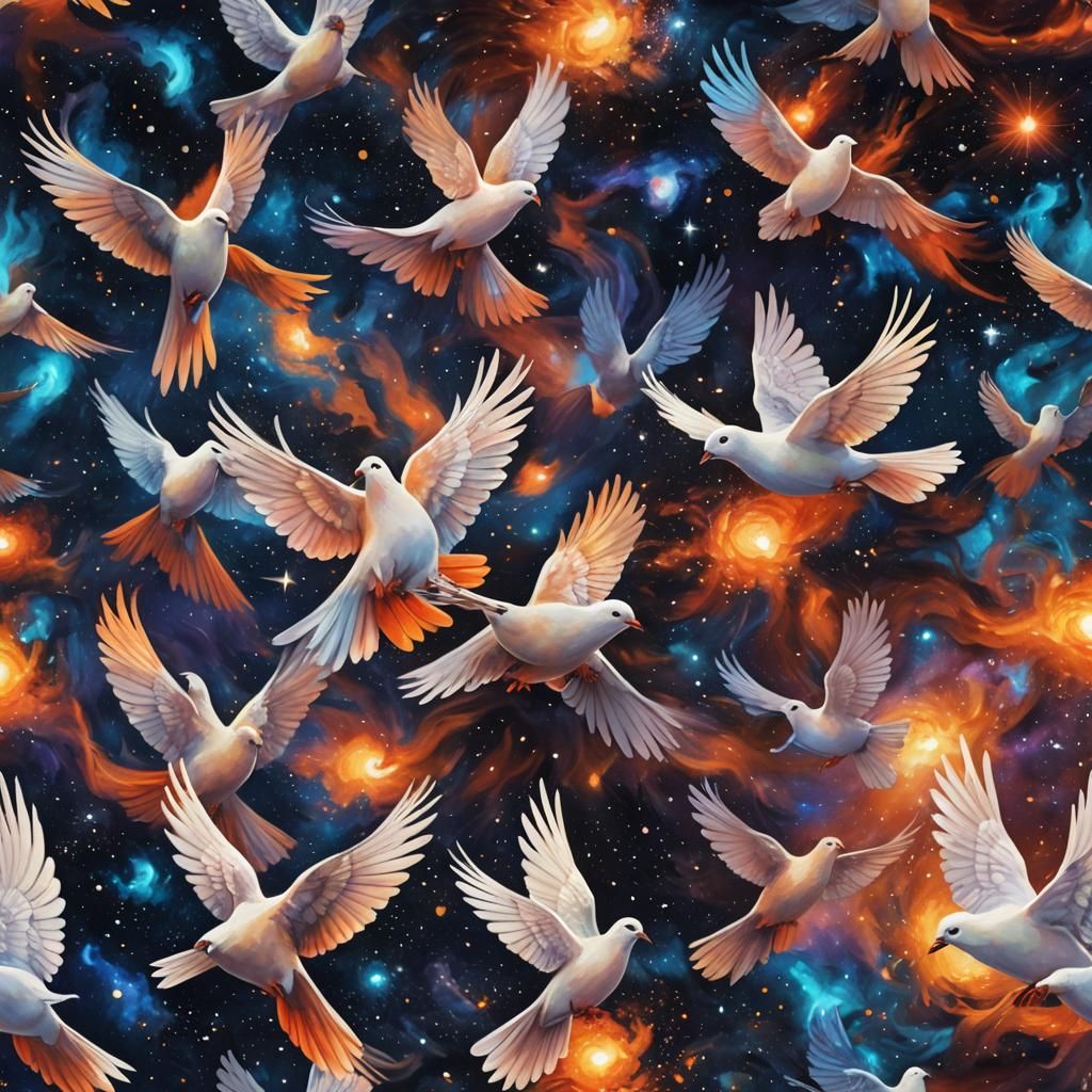 Surreal Doves Soar Through Celestial Realms in Vibrant Fanta...