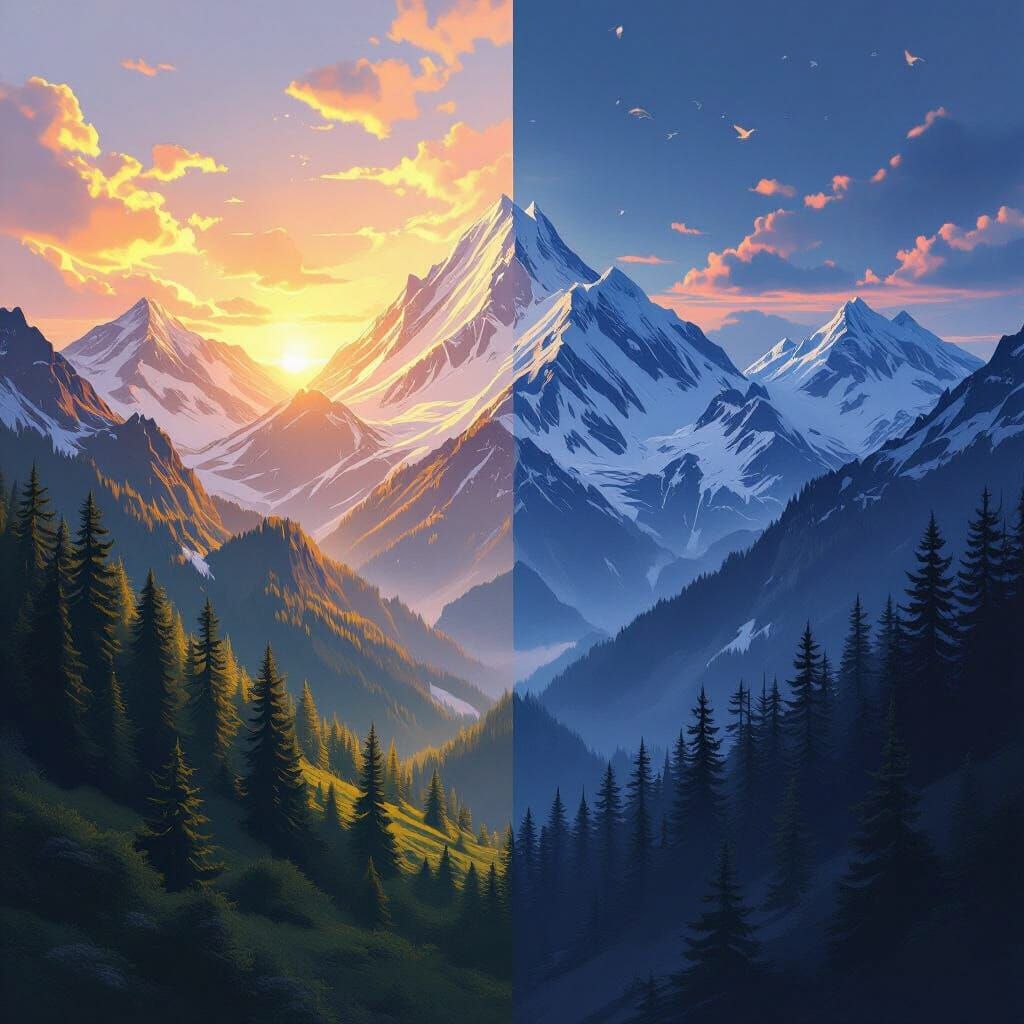 Mountain Landscape: Dawn and Twilight Split