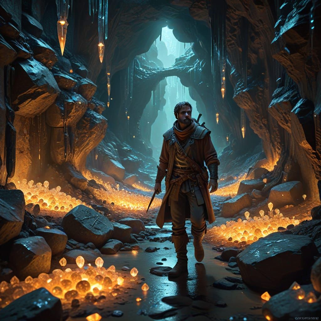 Adventurer in Crystal Cave with Glowing Riches