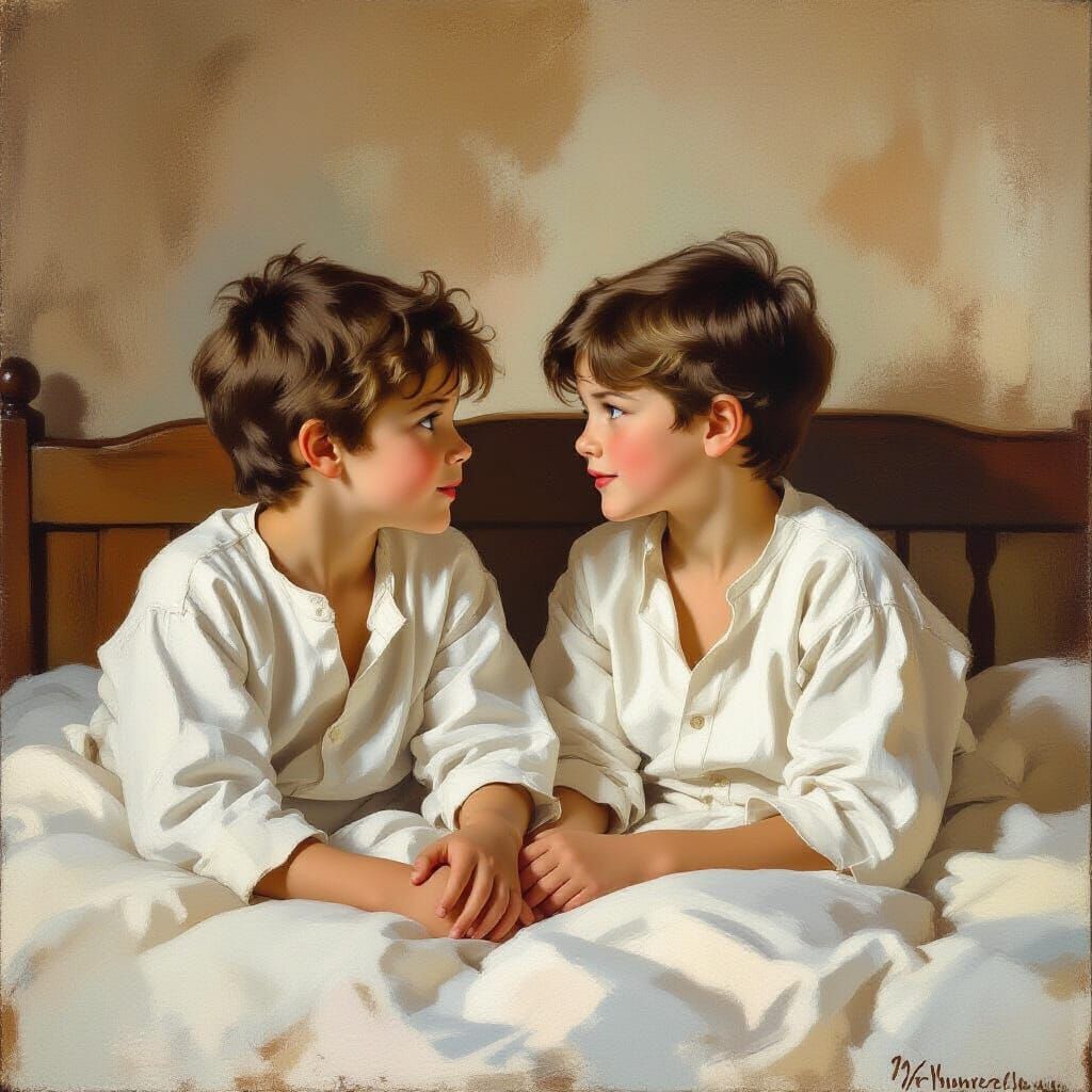 Brothers Sharing Secrets in Warm-Toned Impressionist Style