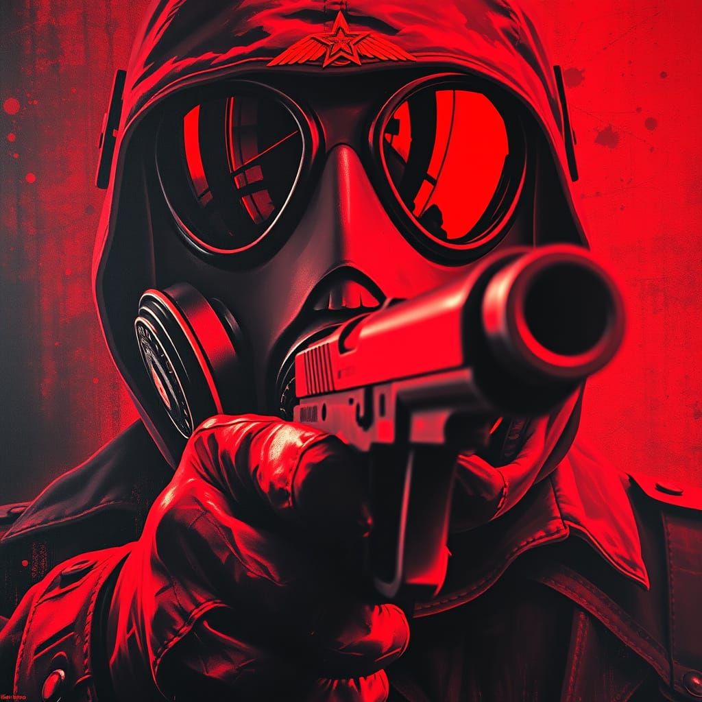 Gritty Soviet Poster Art with Gas Mask Figure