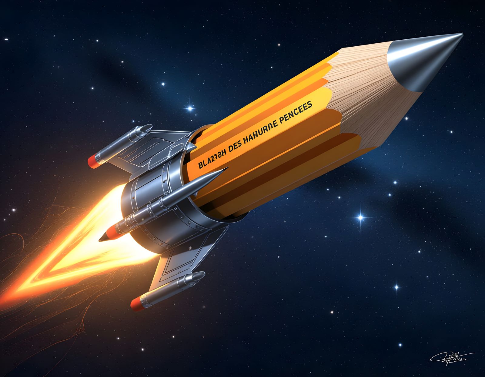 Pencil Spaceship in Starry Space, Epic Fantasy Style