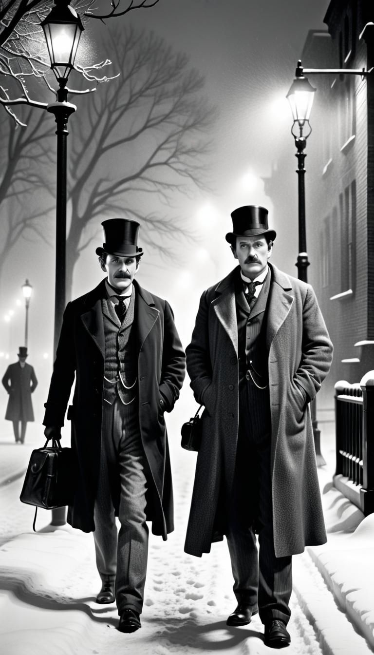 Victorian Era Detectives in Monochrome Winter Scene