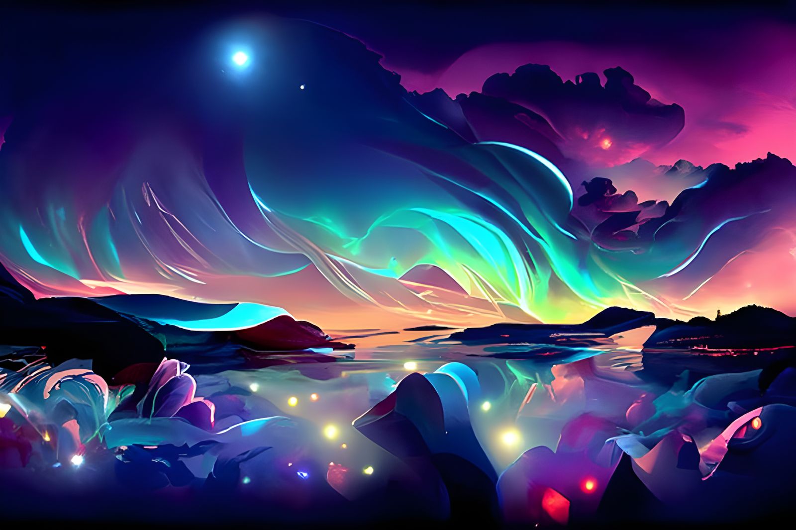 Surreal Aurora Borealis Blooms from a Lotus in Ethereal Wond...