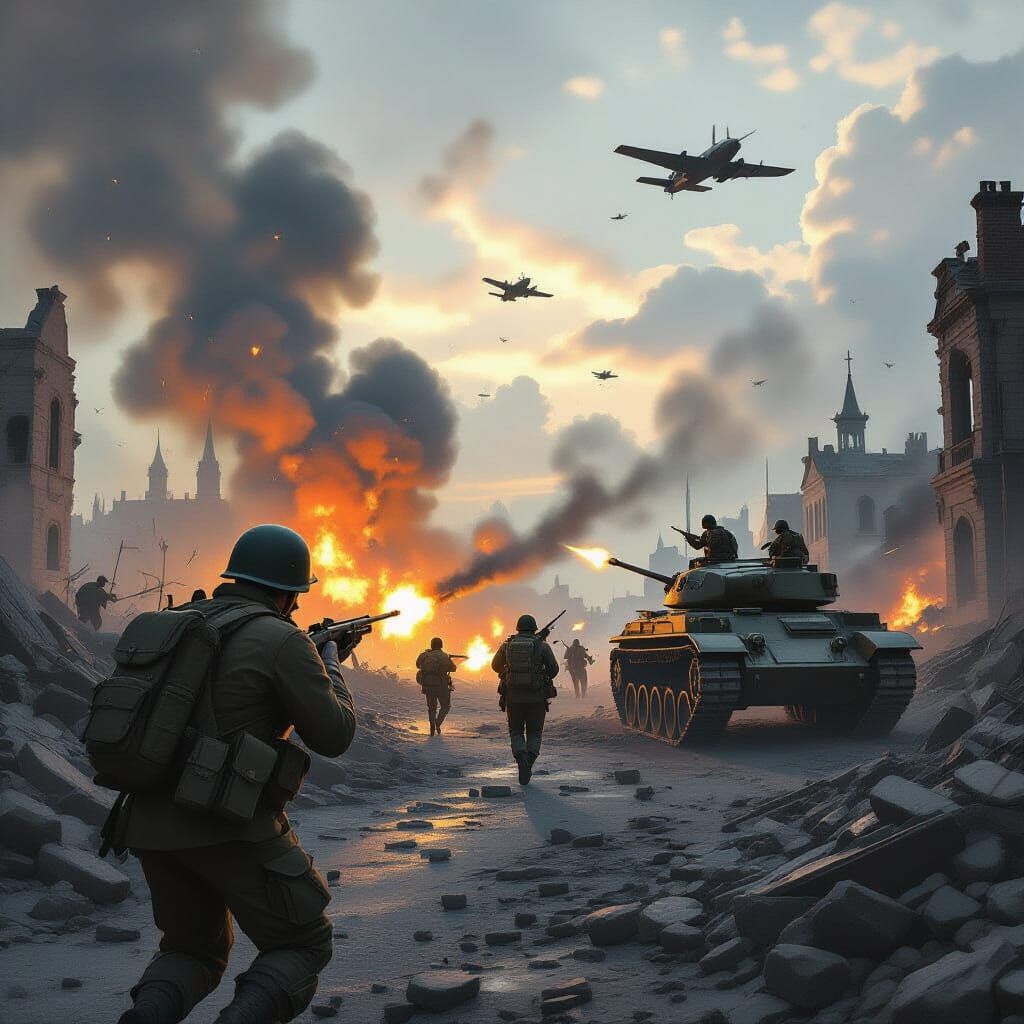 World War II Soldiers Storming Ruined City, Digital Art