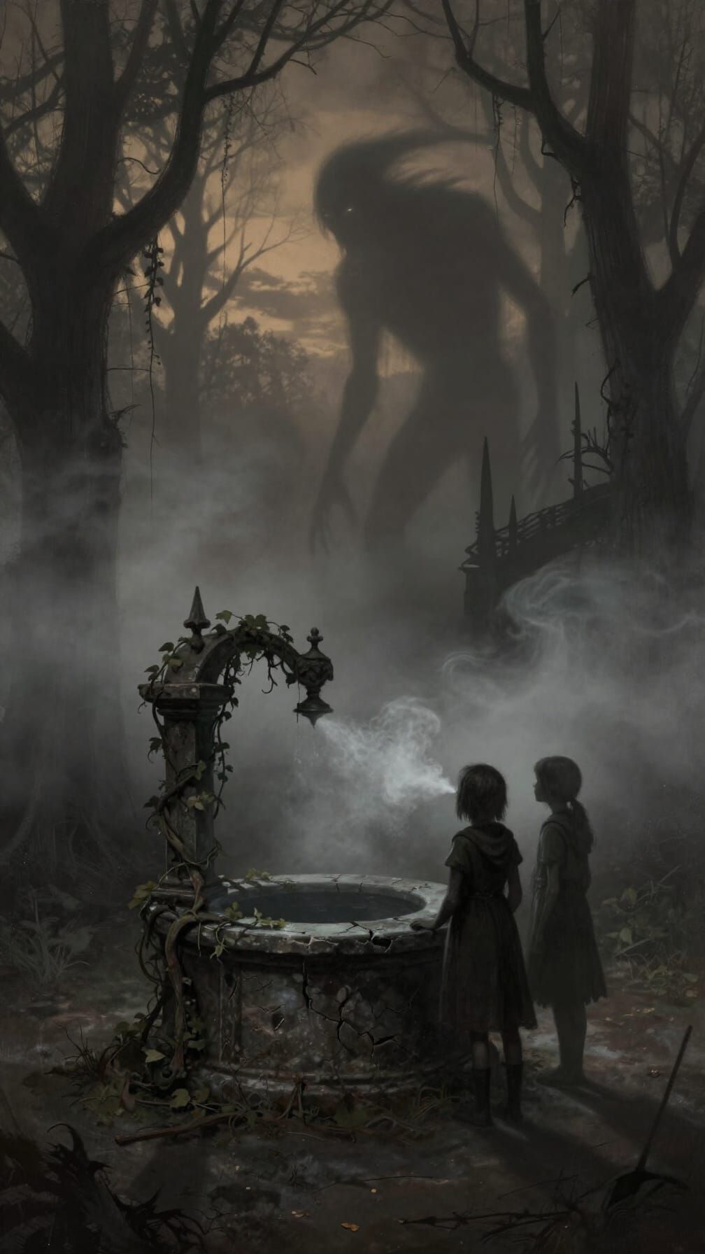 Gothic Children Beside Ancient Well with Cryptid Shadow