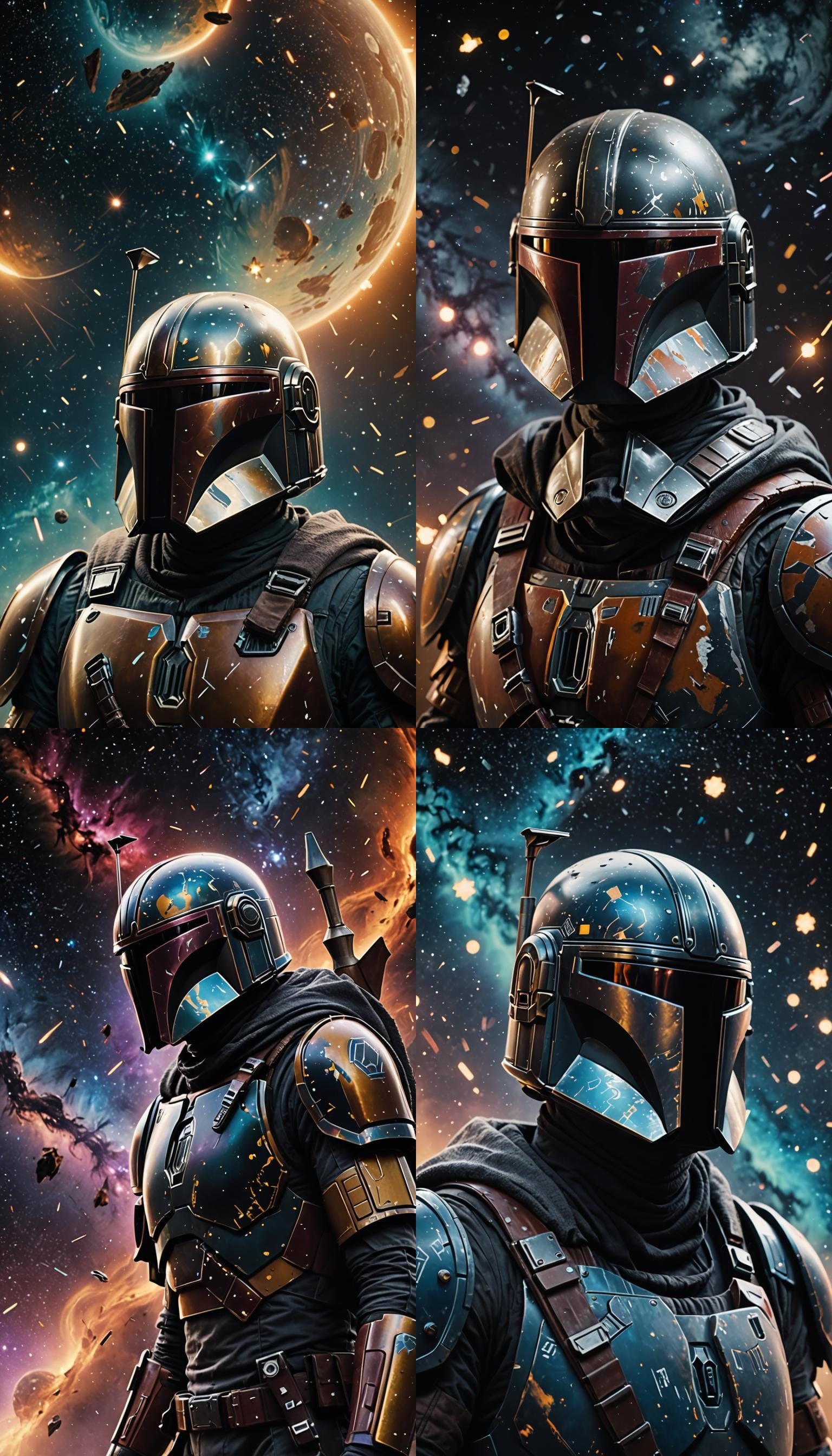 Mandalorian Helmet Drifts Amid Stars in Cinematic Space Odys...