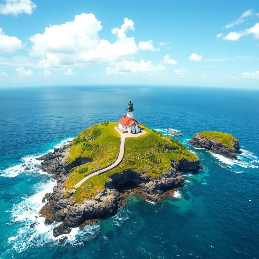 Idyllic Island Scene with Lighthouse and Seaside Cottage