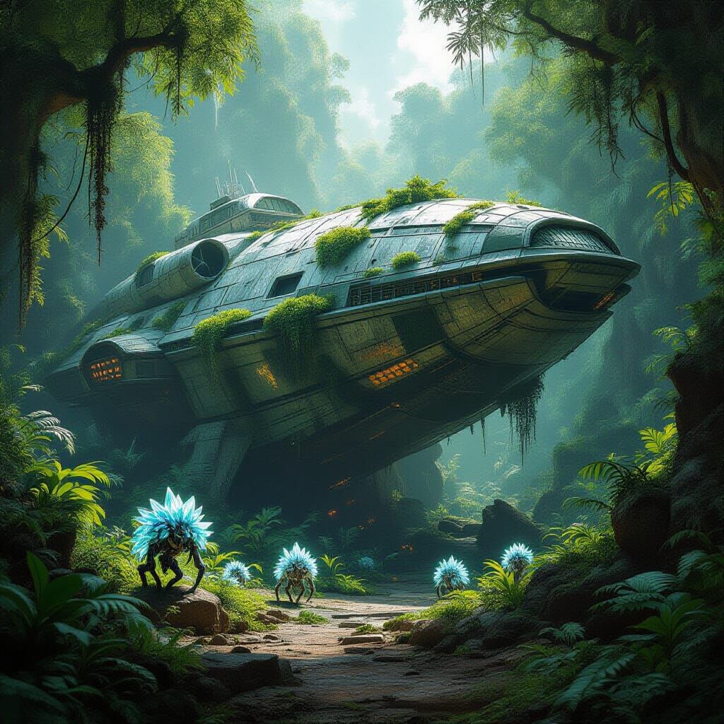 Ancient Alien Spaceship in Bioluminescent Jungle