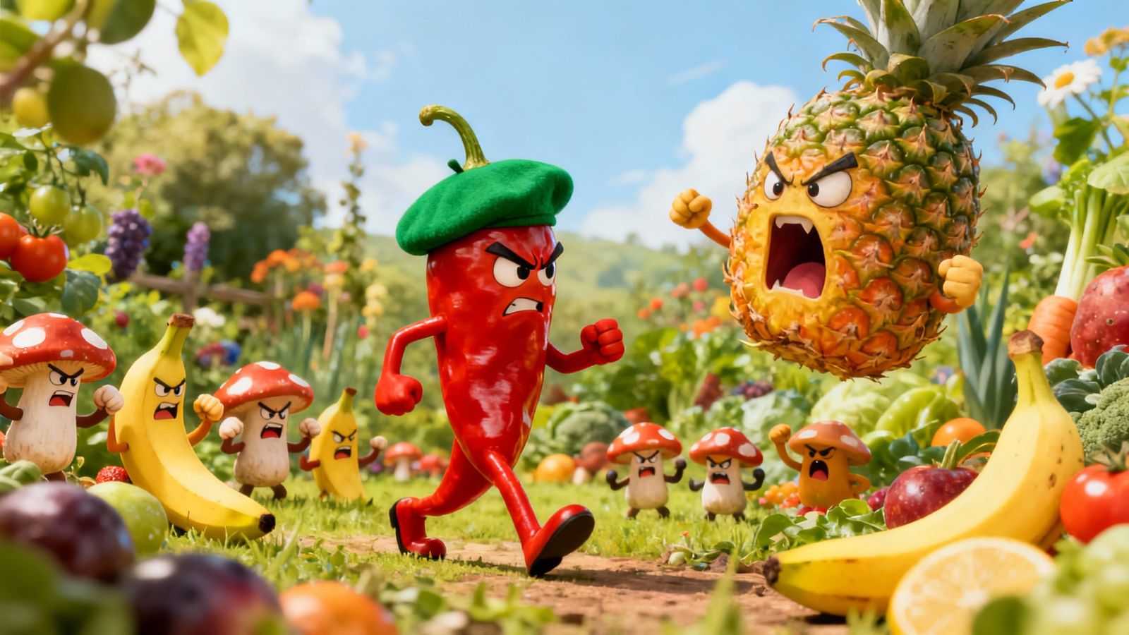 Fairy Tale Garden: Angry Chili Pepper Confronted by Pineappl...