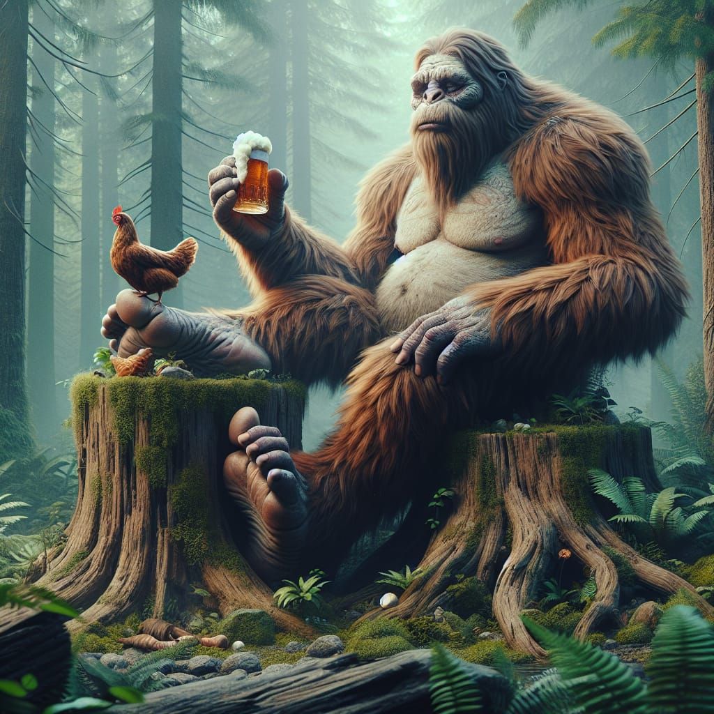 Bigfoot Sits on a Stump in a Lush Forest, Enjoying a Beer an...