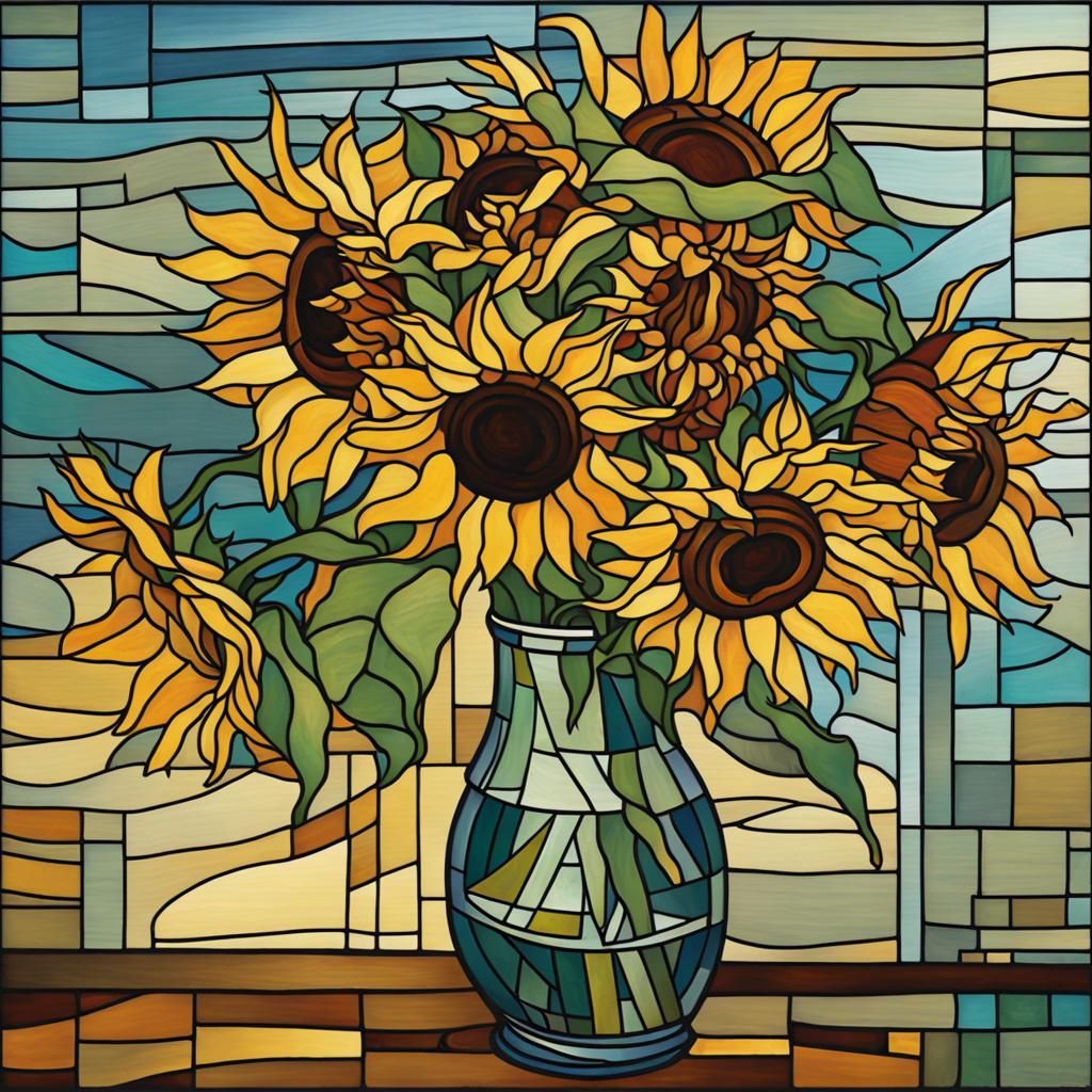 Sunflowers in Vibrant Stained Glass Style