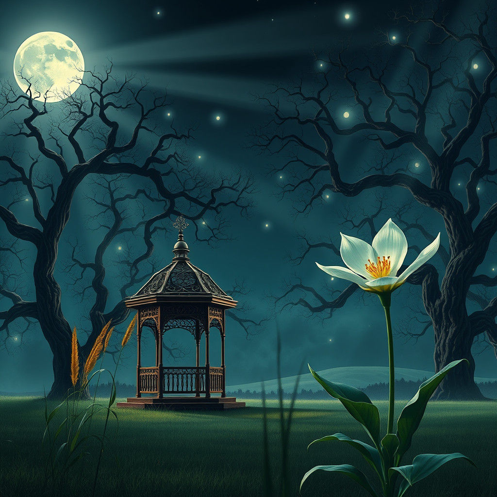Ethereal Gazebo Scene in Dreamlike Moonlit Setting